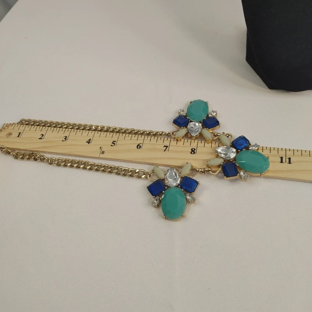 Gold Tone Statement Necklace Blue Turquoise Bib Chunky Chain